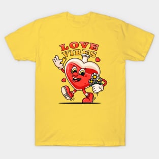 Love vibe, cute cartoon character a bottle of love potion walking carrying flowers T-Shirt